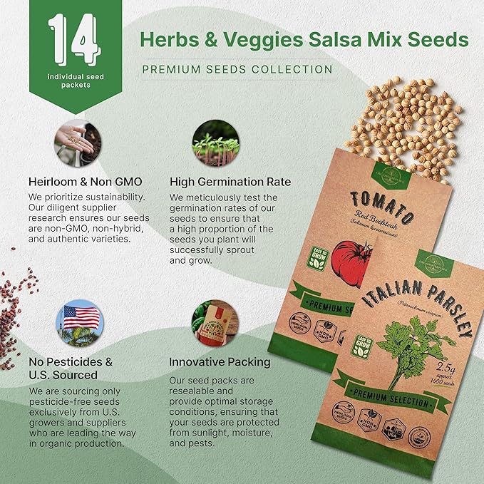 14 Herbs & Veggies Salsa Mix Seeds Variety Pack - 5,180+ Non GMO Heirloom Herb, Tomato & Chili Pepper Seeds for Planting, Outdoor & Indoor Home Gardening: Basil, Cilantro, Onion, Peppers, Tomatoes