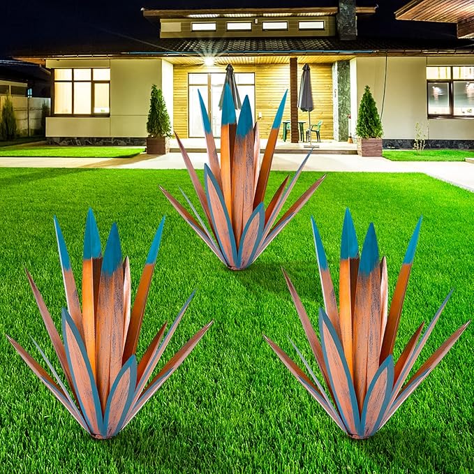Large Tequila Rustic Sculpture, Rustic Metal Agave Plants for Outdoor Patio Yard, Home Decor Hand Painted Metal Agave Garden Yard Statue, Outdoor Lawn Ornaments (3 Big)