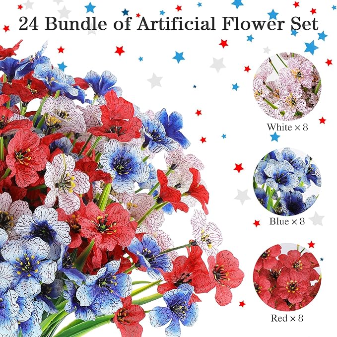 24 Bundles Artificial Flowers for Outdoor,No Fade Fake Plastic Flowers for Garden Porch Window Box Home,Red White Blue Faux Plants for 4th of July Memorial Day Independence Day Patriotic Decor