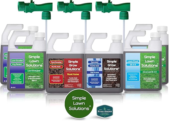 Simple Lawn Solutions - Ryan Knorr - Lawn Essentials Bundle Box - 6 Piece Set- Lawn Food 16-4-8 NPK, Lawn Energizer Booster, Root Hume- Humic Acid, Soil Hume- Seaweed, Humic Acid (32 Ounce Bundle)