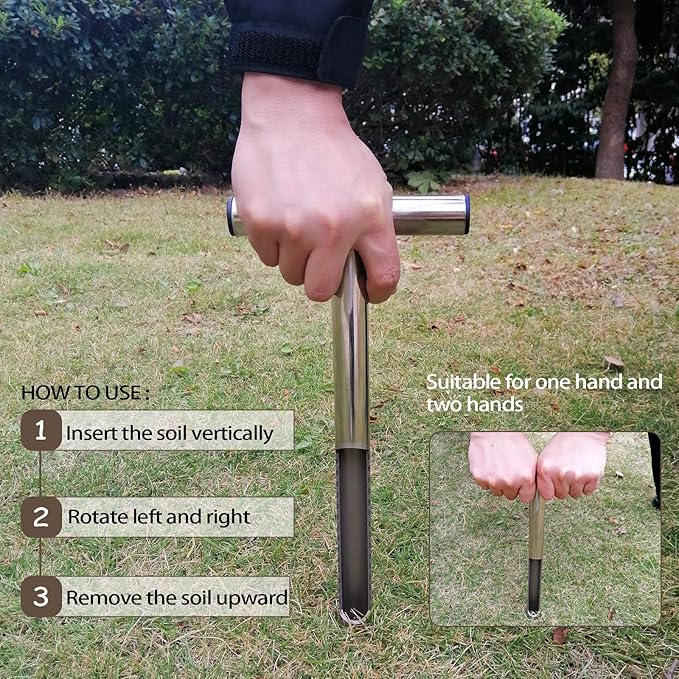 HiHydro 12 Inch Stainless Steel Soil Probe with 2 Sample Bags, T-Handle Soil Test Kit for Plant Care, Garden, Lawn, Farm