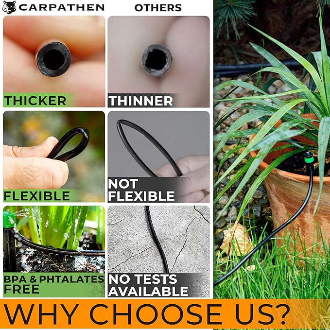 CARPATHEN 1/4 Drip Irrigation Tubing - 200 ft Black Drip Irrigation Hose Perfect for DIY Garden Irrigation System, Hydroponics, Misting Tubing, or as Blank Distribution Tubing for Any Garden Project