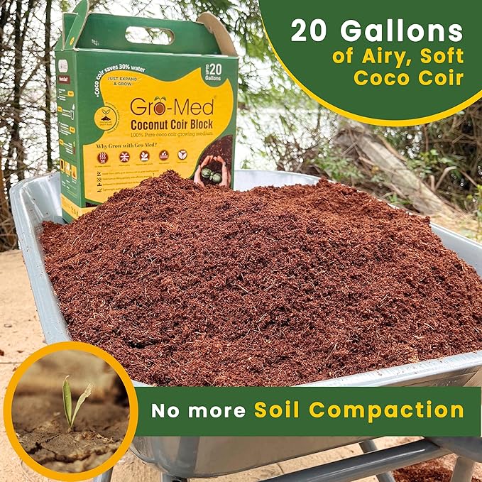 Gro-Med Coco Coir Block - 10lb, Coir Fiber Brick Enriched NPK Expands Upto 80 Quarts - Organic Potting Soil for Flowers, Herbs, Low EC Planting - Growing Medium for Gardening - Seed Starter Soil