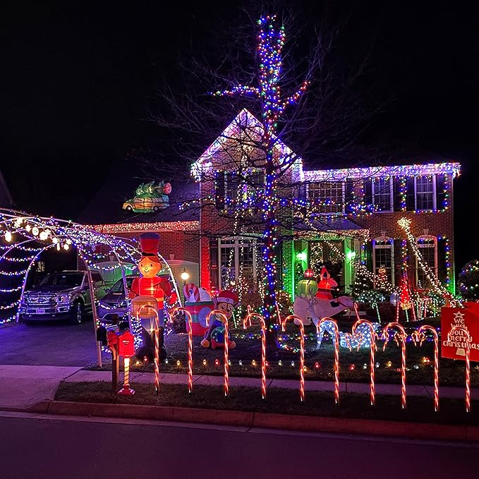 26" Candy Cane Lights Christmas Decorations - 10 Pack Pathway Markers Outdoor Yard Decorations, Red Christmas Candy Cane Lights for Walkway, Xmas Outside/Indoor Ornaments, 100 Lights Bulbs