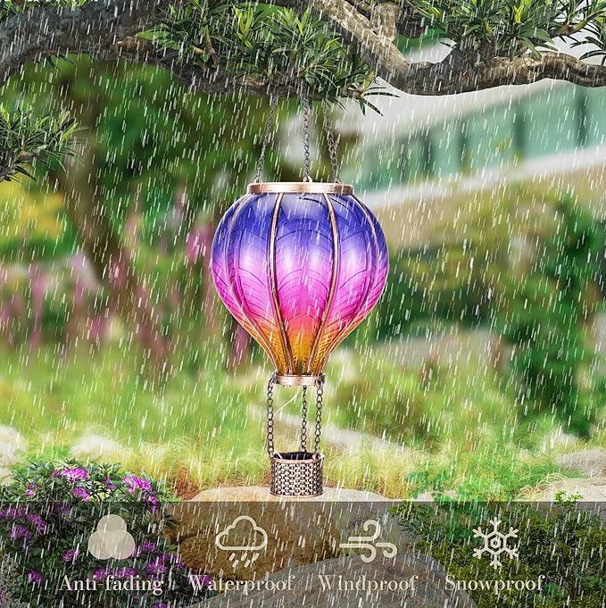 TERESA'S COLLECTIONS Hot Air Balloon Solar Lantern for Garden Decor ,Flickering Flame Hanging Solar Light for Outdoor ,Purple & Pink Plastic Lamp for Yard Tree Gift for Mom