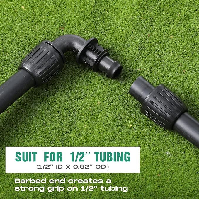 Frienda 40 Pcs 1/2 Inch Irrigation Fittings Elbow Connectors Tubing (1/2" Idx0.6-0.63" Od) 16mm Drip Tubing Barbed Drip Parts Locked Elbow Connectors for Hose, Black and Green