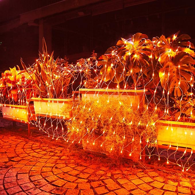 Joomer 12ft x 5ft 360LED Orange Halloween Net Lights Outdoor Mesh lights, 8 Modes Timer Connectable Waterproof Bush Lights Mesh Netting Lights for Halloween Outdoor Decorations (Clear Wire)