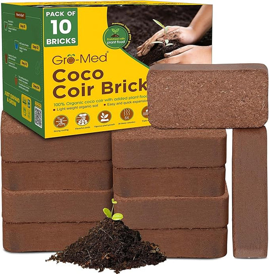 Gro-Med Coco Coir Brick 10s Pack – 1.4 lb Each,Expands to 100 Quarts, Enriched with NPK, Organic Potting Soil Mix for Plants,Seed Starting,Herbs,Flowers and Ideal Reptile Bedding for Snakes &Terrarium