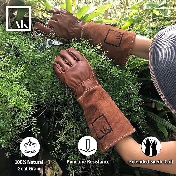 ArtAK Rose Pruning Gloves Leather Rose Gardening Gloves for Men and Women Long Thorn Proof Cowhide Gauntlet Protective Rose Gloves for Rose Bushes Ready to Plant Brown Garden Gloves Large