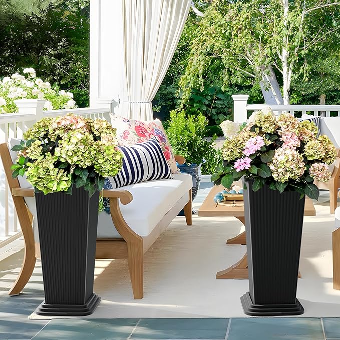Set of 2 Large Tall Planter for Indoor or Outdoor 24" Tall Flower Pots Tapered Tall Planters with Tray for Porch, Patio, Backyard, Large Planters for Outdoor Indoor Plants(Black,Striped)
