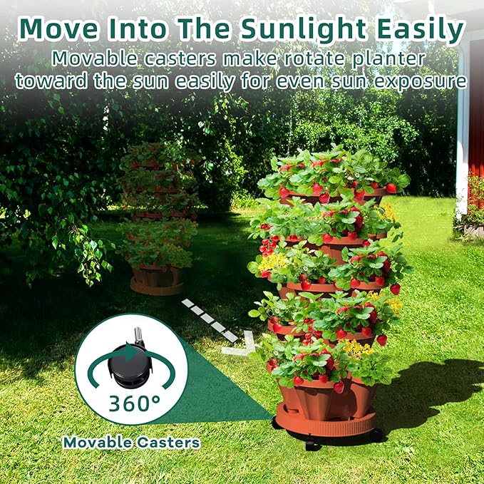 Strawberry Vertical Planters 2 Pack, 5 Tiered Stacking Tower Garden with Support Pole, Stackable Herb Vegetable Planters Indoor Outdoor Terra Cotta