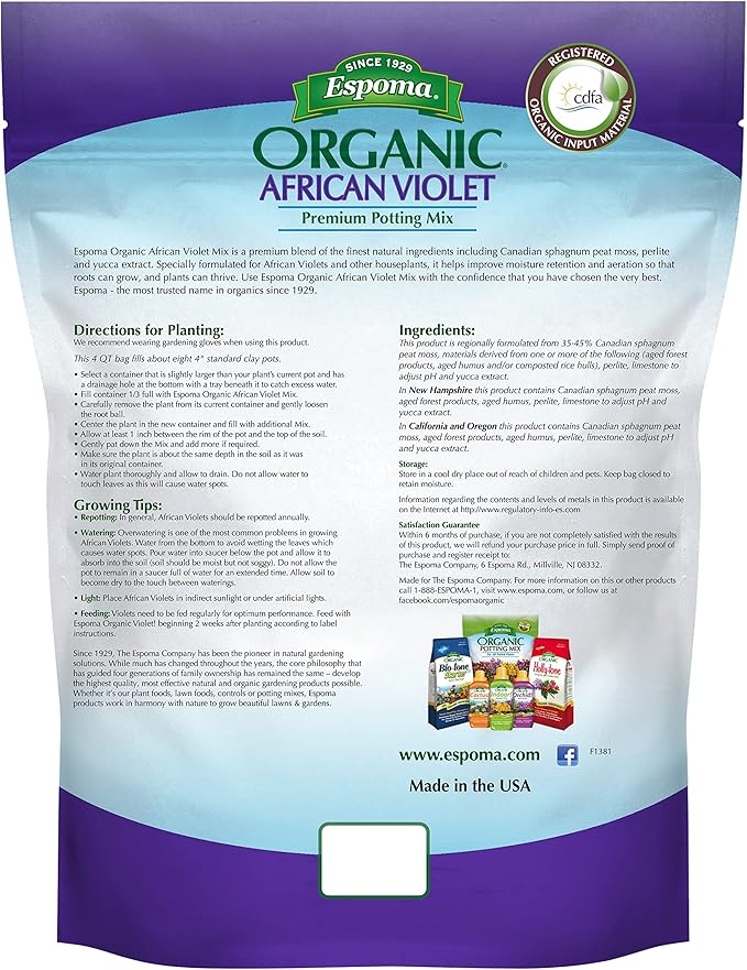 Espoma Organic Natural and Organic Premium Potting Soil Mix for African Violets and All Indoor Flowering Houseplants. for Organic Gardening. 4 Quart Bag