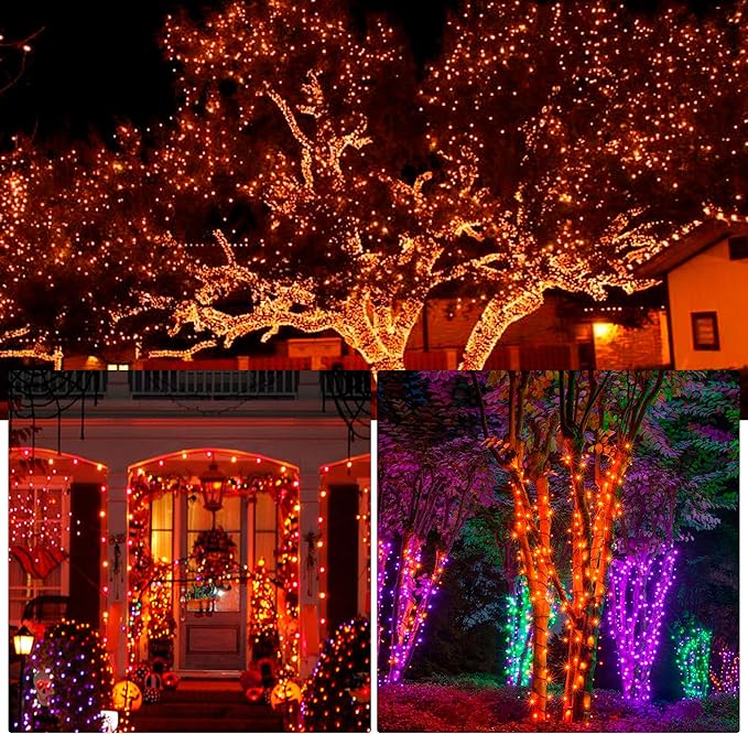 FUNPENY 164FT 500 LED Halloween Lights, 8 Modes Waterproof Plug in String Lights for Halloween Thanksgiving Indoor Outdoor Yard Party Wedding Garden Home Decorations (Orange)