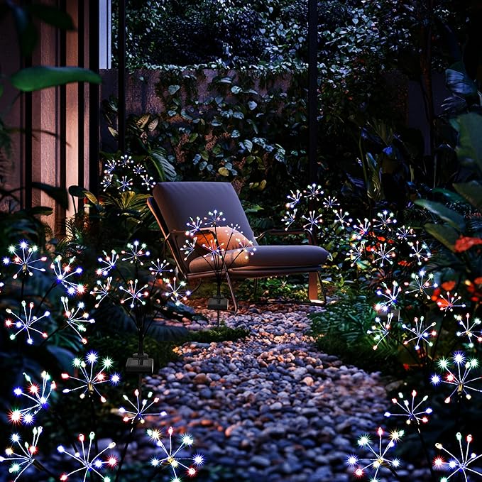 Solar Garden Decor Lights Outdoor, Solar Powered Lights Waterproof for Yard Patio Porch Flowerbed, Fairy Gardening Supplies Gifts Firwork(4 Pack Multi-Colored)