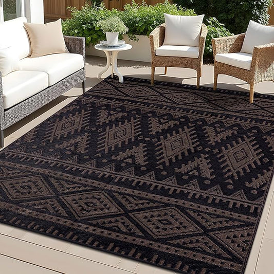 OLANLY Outdoor Rug Waterproof 9x12 ft, Reversible Outdoor Plastic Straw Rug, Boho Patio Rug, Indoor Outdoor Carpet, RV Mat Outside for Patio, Camp, Picnic, Balcony, Deck, Backyard, Black & Brown