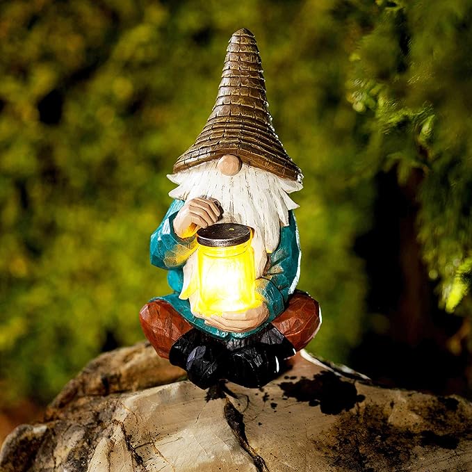 VP Home Firefly Jar Gnomes - Outdoor Garden Gnome with Solar Light - Durable Garden Decorations for Yard, Lawn, Patio - 10.5H x 7W x 5.5D - Weather-Resistant Gnome Statue