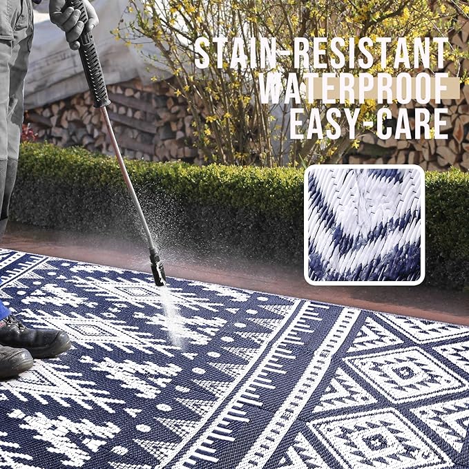 OLANLY Outdoor Rug Waterproof 9x12 ft, Reversible Outdoor Plastic Straw Rug, Boho Patio Rug, Indoor Outdoor Carpet, RV Mat Outside for Patio, Camp, Picnic, Balcony, Deck, Backyard, Navy & White