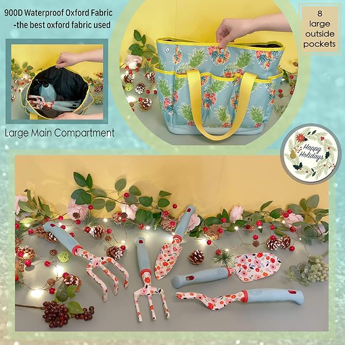 Floral Garden Tool Set| Gardening Gifts for Women Birthday| Heavy Duty Tools Kit|Storage Tote Bag Organizer| Pruning Shears| Gardener Gloves| Sprayer| Weeder| Trowel (Floral Set)