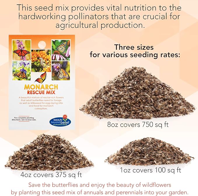 Monarch Butterfly Rescue Wildflower Seeds 4oz. Bulk Open-Pollinated Wildflower Seed Packet, No Fillers, Annual, Perennial Milkweed Seeds for Monarch Butterfly 4 oz