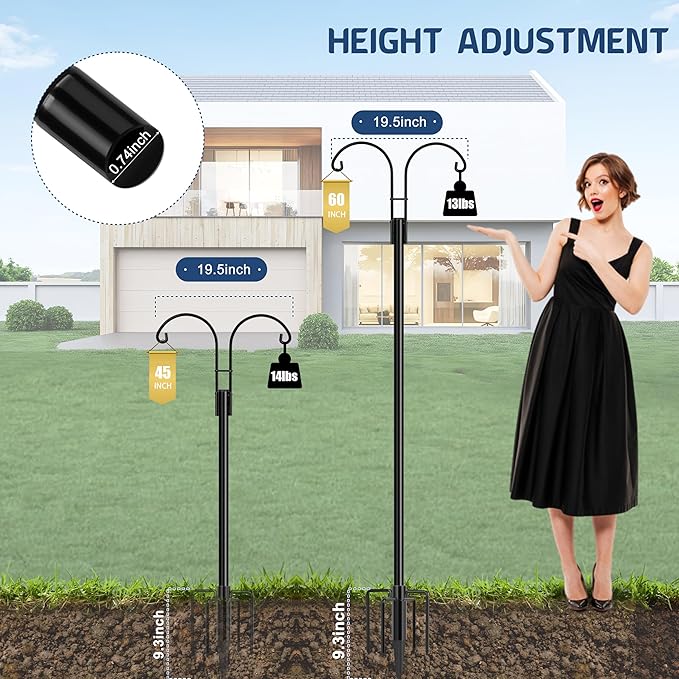 Ottsuls Bird Feeder Pole, 2 Pack 60 INCH Double Shepherds Hooks for Outdoor, Garden Pole with 5 Base Prongs Heavy Duty Planter Hooks for Hanging Plant Baskets, Lantern, Hummingbird Feeder