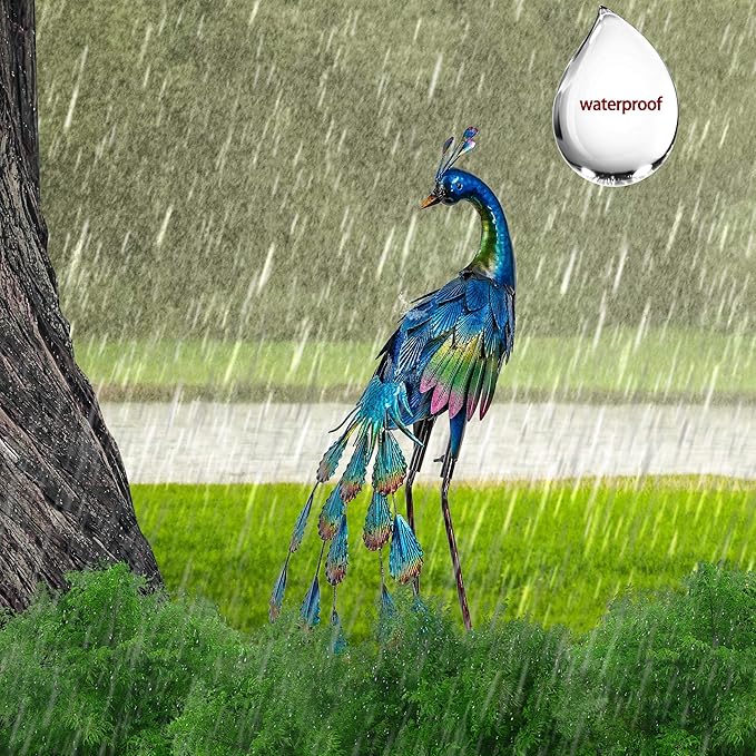 TERESA'S Collections Outdoor Decor Peacock Yard Art Garden Sculptures & Statues,Blue Small Metal Bird Lawn Ornaments,22.4" Outside Mardi Gras Decorations for Porch,Patio,Pond Decor,Gifts for Mom