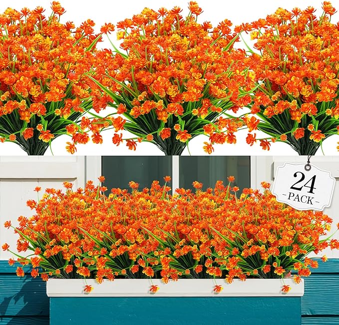 24 Bundles Artificial Fall Flowers Outdoor,No Fade Fake Plastic Flowers,Faux Autumn Plants for Thanksgiving Xmas Decor,Hanging Planters Indoor Outside Garden Porch Window Box Home Wedding