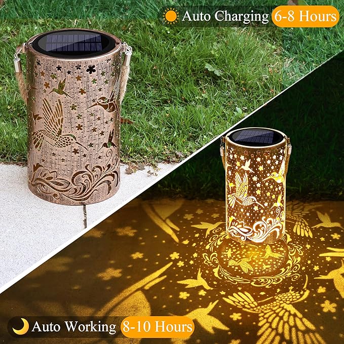 Toodour Solar Lantern Outdoor, Hummingbird Gifts for Women Mom Grandma Hanging Solar Outdoor Lights Waterproof, Hollow Out Retro Metal Hummingbird Lights for Patio, Balcony, Walkway, Yard Decorations