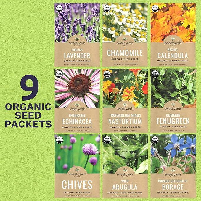 Organic Edible Flower Seeds Variety Pack - 9 Individual Packs - 2025 Season - Lavender, Chamomile, Nasturtium, Calendula and More! for Indoor & Outdoor Planting (Non-GMO, Certified Organic)
