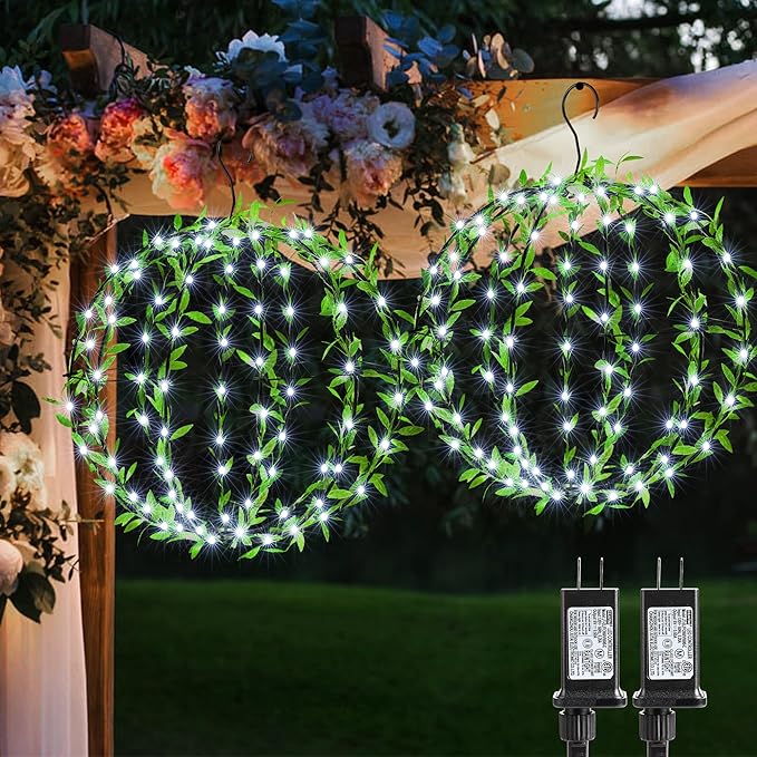 Flacchi Hanging Iron Sphere Lights with Artificial Greenery – 12Inch 120 LED Waterproof Outdoor/Indoor Decor Ball Light with Timer & 8 Modes – 2 Pack for Garden, Christmas, Weddings (Cool White)