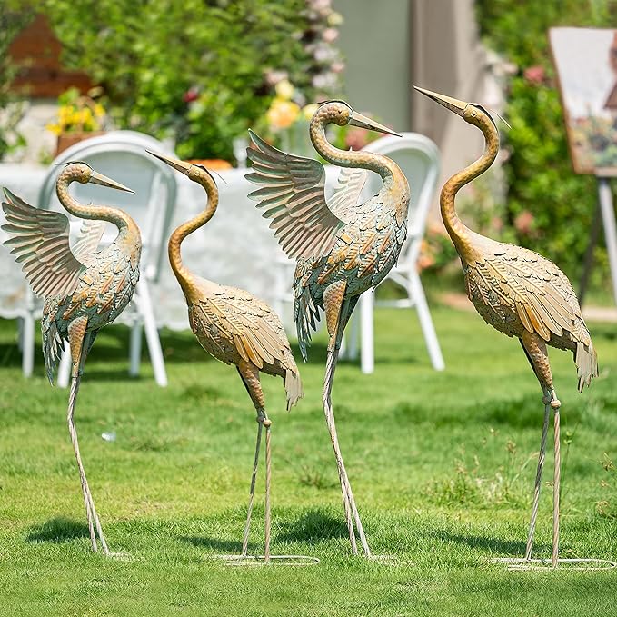 TERESA'S COLLECTIONS Yard Decorations Outdoor Garden Statues, Gold Metal Crane Yard Art, 33-39inch Lawn Ornaments for Backyard, Outside Porch, Patio, Wedding Decor,Set of 2,Spring Decor,Gifts for Mom
