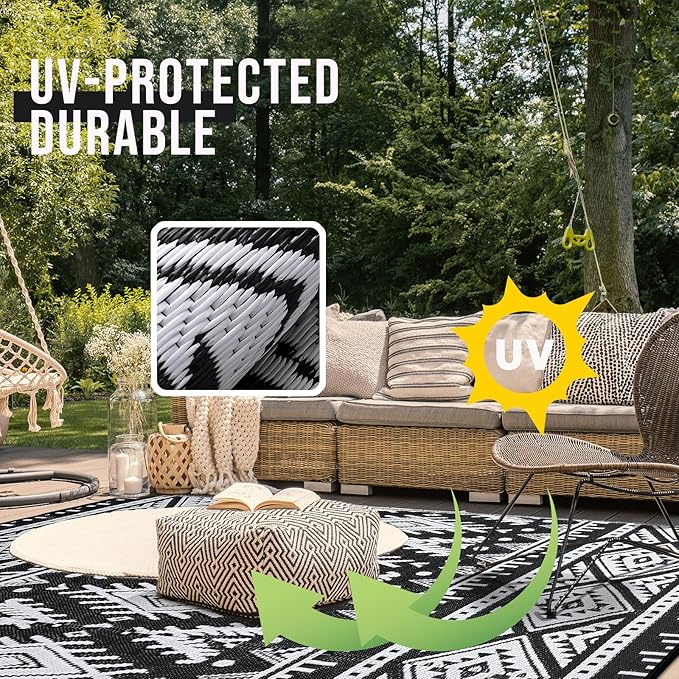 OLANLY Outdoor Rug Waterproof 8x10 ft, Reversible Outdoor Plastic Straw Rug, Boho Patio Rug, Indoor Outdoor Carpet, RV Mat Outside for Patio, Camp, Picnic, Balcony, Deck, Backyard, Black & White