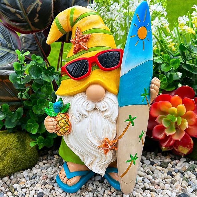 Mood Lab Garden Gnome - Surfer Gnome Figurine - 9.1 Inch Tall Funny Lawn Statue - for Outdoor & House Decor
