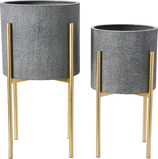 Main + Mesa Modern Boho Embossed Metal Planters with Stands, Charcoal Grey and Gold, Set of 2 Sizes