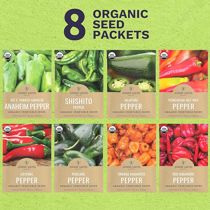 Organic Hot Pepper Seeds Variety Pack - 8 Individual Packs - 2025 Season - Habanero, Jalapeno, Cayenne, Anaheim and More! for Indoor & Outdoor Planting (Non-GMO, Certified Organic)