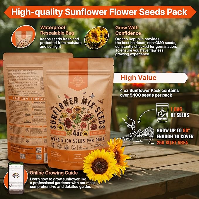 Sunflower Mix Seeds Pack 4 oz - Over 5,100 Non-GMO Heirloom Sunflower Seeds for Planting, Annual Flowers in Individual Seed Packet, Sunflower Seeds for Planting Home Garden Indoor & Outdoor Gardening