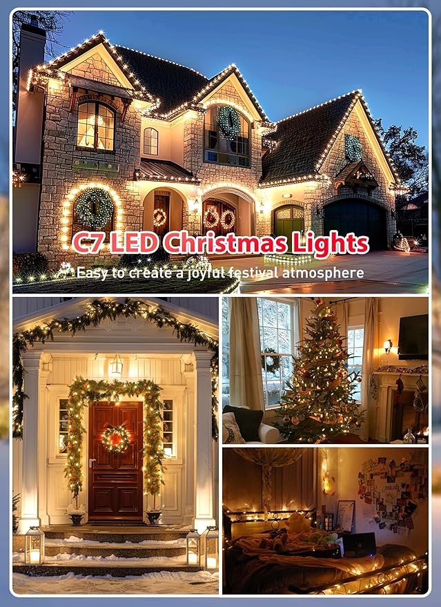 C7 LED Lights Warm White Christmas Lights Outdoor, 100FT C7 Christmas String Lights with 100 Plastic Bulbs, Traditional Hanging Holiday Lights for Christmas Tree Patio Fence Roofline Xmas Decorations