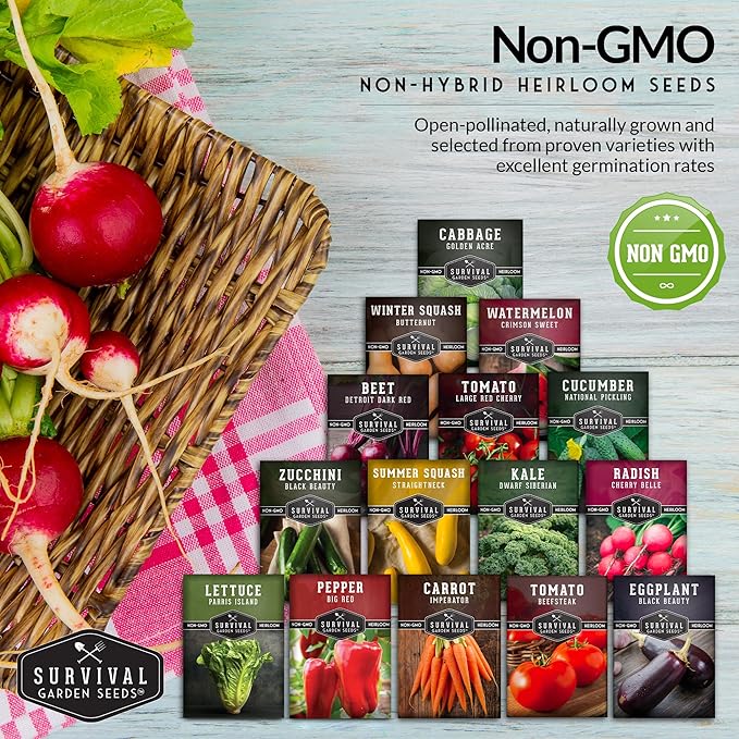 Survival Garden Seeds Vegetable Garden Collection Seed Vault - Non-GMO Heirloom Family Garden Seeds for Planting - 15 Non-Hybrid Varieties of Vegetables