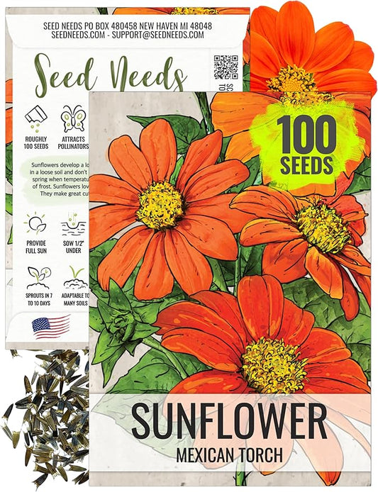 Seed Needs, Mexican Sunflower Seeds - 100 Heirloom Seeds for Planting Tithonia rotundifolia - Annual Wildflower That Attracts Pollinators/Butterflies (1 Pack)