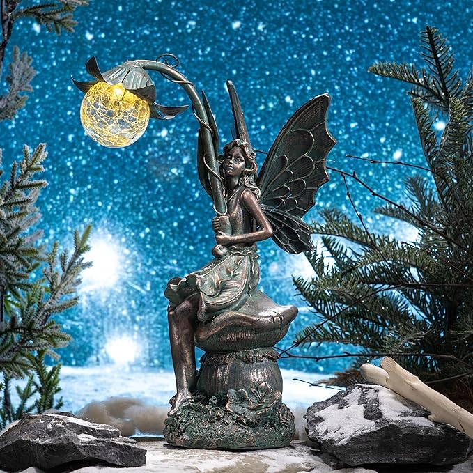 TERESA'S COLLECTIONS Garden Statues Fairy Sculptures & Statues, Outdoor Solar Light Garden Decor Resin Patina Bronze Figurines for Outdoor Decor, Valentines Decorations Gifts for Women Mom, 13.8''