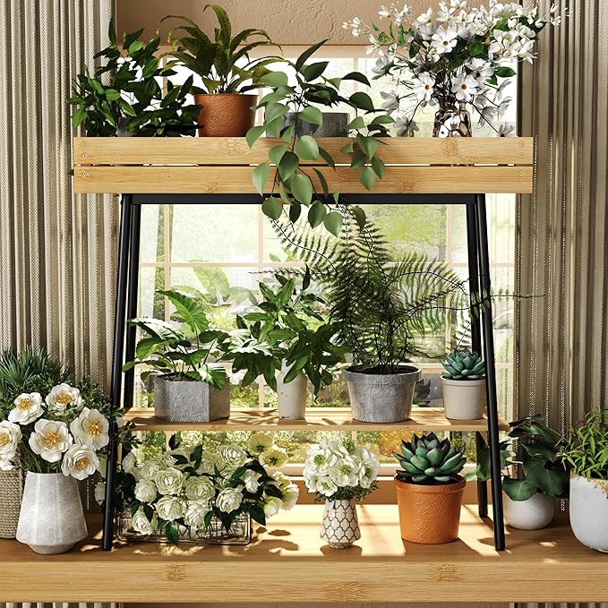 BAMBANG Bamboo Plant Stand Indoor, 2 Tier Wood Small Plant Table, Tall Plant Stand for Indoor Plants, Window Sill Plant Shelf, Flower Pot Holder Plant Bench Plant Rack for Living Room Balcony Outdoor