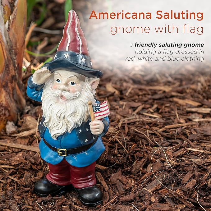 Alpine Corporation 12" Tall Outdoor Patriotic Garden Gnome Saluting Yard Statue Decoration