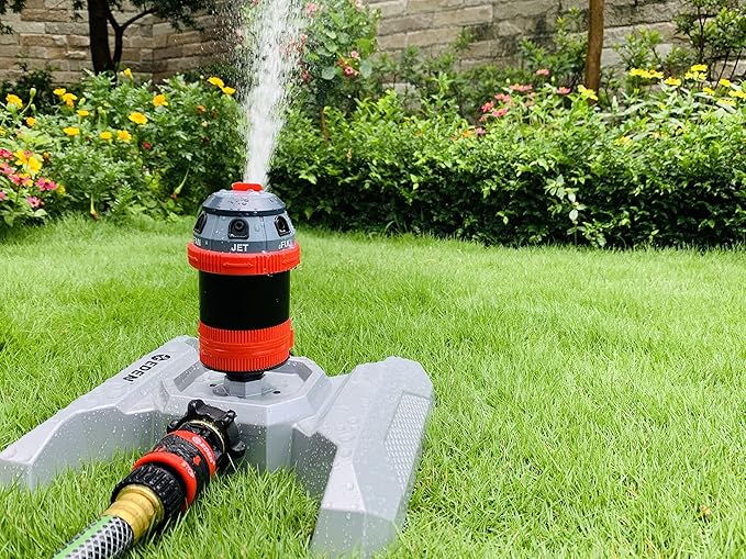 Eden Metal Adjustable 6-Pattern Mobile Rotary Gear Drive Garden Sprinkler Bundle with Flexzilla Garden Hose