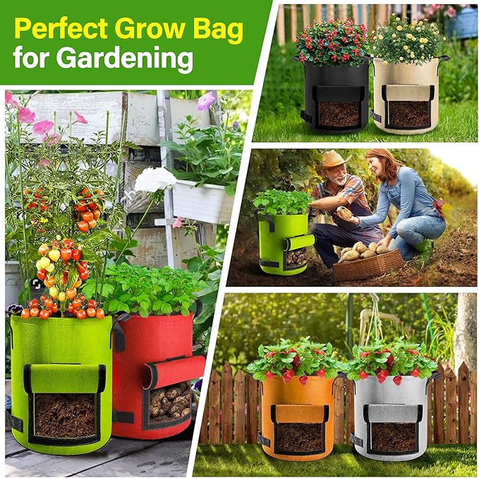 Suntee 6 Pack 15 Gallon Potato Grow Bags with Flap, Thickened Nonwoven Fabric Grow Bags for Growing Potatoes, Colorful Plant Grow Bags Pots Gardening Vegetable Potato Growing Bags with Durable Handles