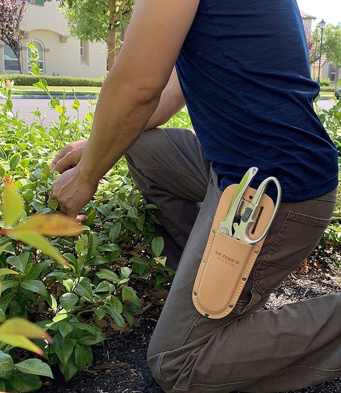Leather Holster for Pruning Shears | Made in USA | 100% Fine Grain Leather | Gardening Equipment Case with Steel Metal Clip | Nifty Pouch for Hand Pruners | Wide Belt Slits