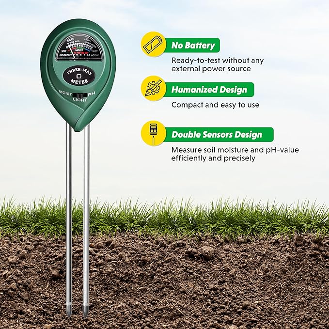 iPower Soil Meter, 3-in-1 Plant Moisture Light PH Tester for Gardening, Farming, Indoor & Outdoor Use, 3 Pack