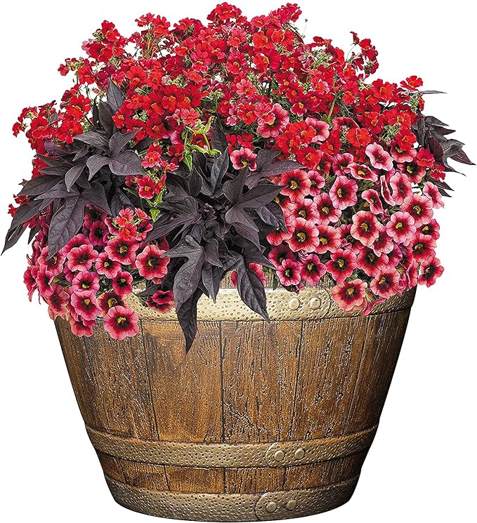 Classic Home and Garden Whiskey Plastic Resin Flower Pot Barrel Planter, Oak Brown, 15"