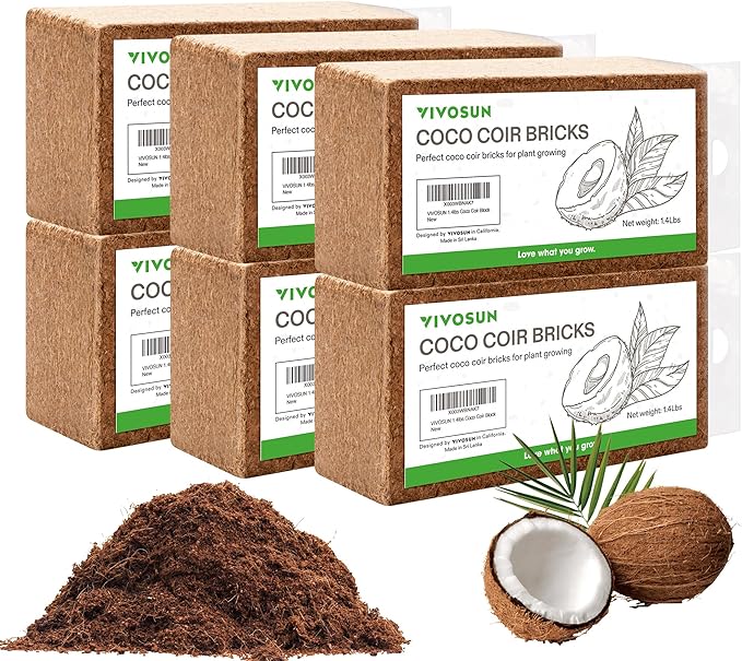VIVOSUN Coco Coir Brick, 1.4lbs 100% Natural Organic Compressed Coconut Coir Fiber with Low EC, PH Balance & High Nutrition, Coconut Fiber Substrate, Coconut Soil for Plants, 6-Pack