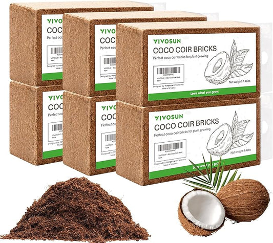 VIVOSUN Coco Coir Brick, 1.4lbs 100% Natural Organic Compressed Coconut Coir Fiber with Low EC, PH Balance & High Nutrition, Coconut Fiber Substrate, Coconut Soil for Plants, 6-Pack