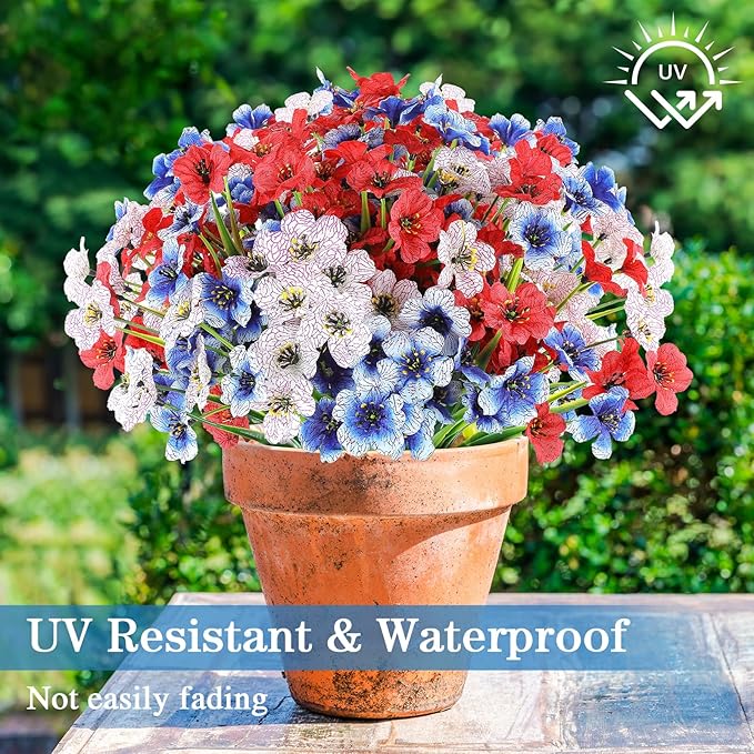 24 Bundles Artificial Flowers for Outdoor,No Fade Fake Plastic Flowers for Garden Porch Window Box Home,Red White Blue Faux Plants for 4th of July Memorial Day Independence Day Patriotic Decor