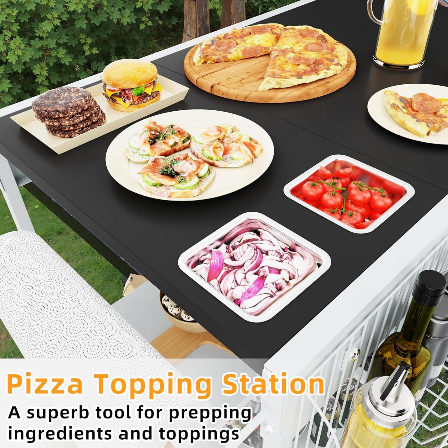 Vongrasig Pizza Oven Table with Topping Station, Outdoor Grill Cart with Storage for Blackstone Grill Ooni Pizza Ovens, Outdoor Kitchen Island Movable Grill Table Bar Cart